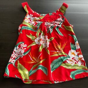 Vintage Aloha Hut Tank Top Hawaiian Small Red Floral Tropical Rayon Hawaiian